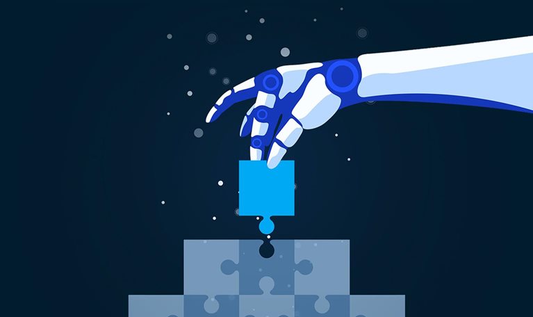 A flat-style digital illustration shows a white and blue robotic humanoid hand reaching down to place a bright cyan puzzle piece into a gap at the top of a pyramid of gray-blue puzzle pieces. Small dots and circles float around the hand, all set against a deep blue background.