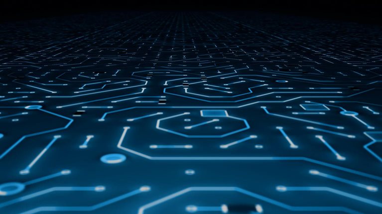 Endless Travel Over Blue Circuitboard Floor Background Loop