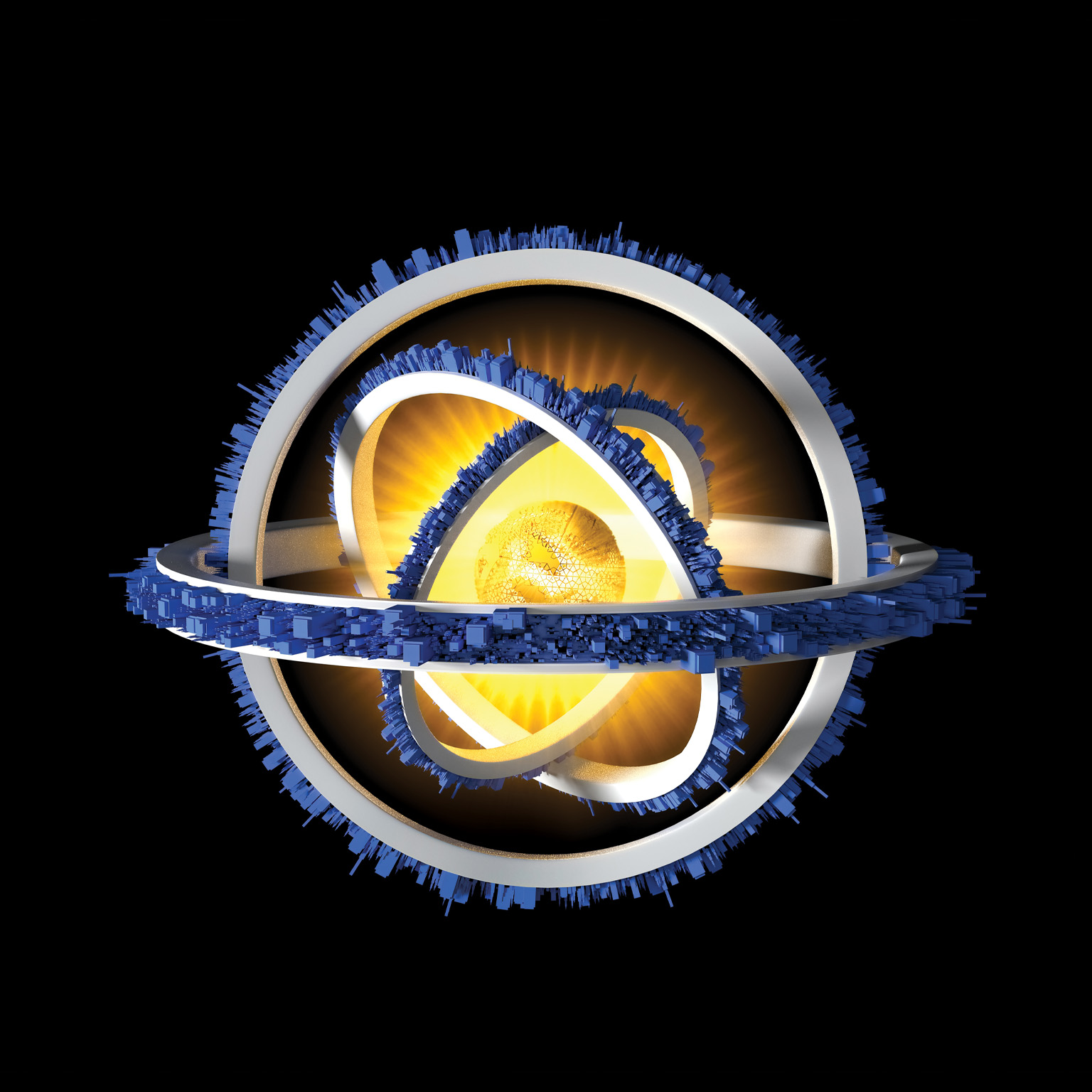 A glowing golden sphere sits at the center of a complex structure of interlocking rings and orbit-like forms. The surrounding elements create a dynamic, futuristic composition against a dark background, suggesting energy, motion, and advanced technology.