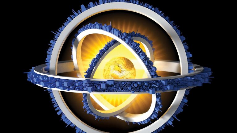 A glowing golden sphere sits at the center of a complex structure of interlocking rings and orbit-like forms. The surrounding elements create a dynamic, futuristic composition against a dark background, suggesting energy, motion, and advanced technology.