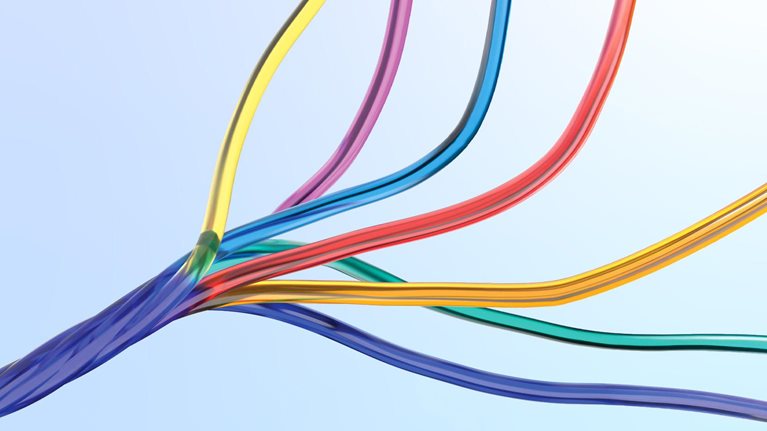 Colorful, translucent wire like strands curve and intertwine across a pale blue background.