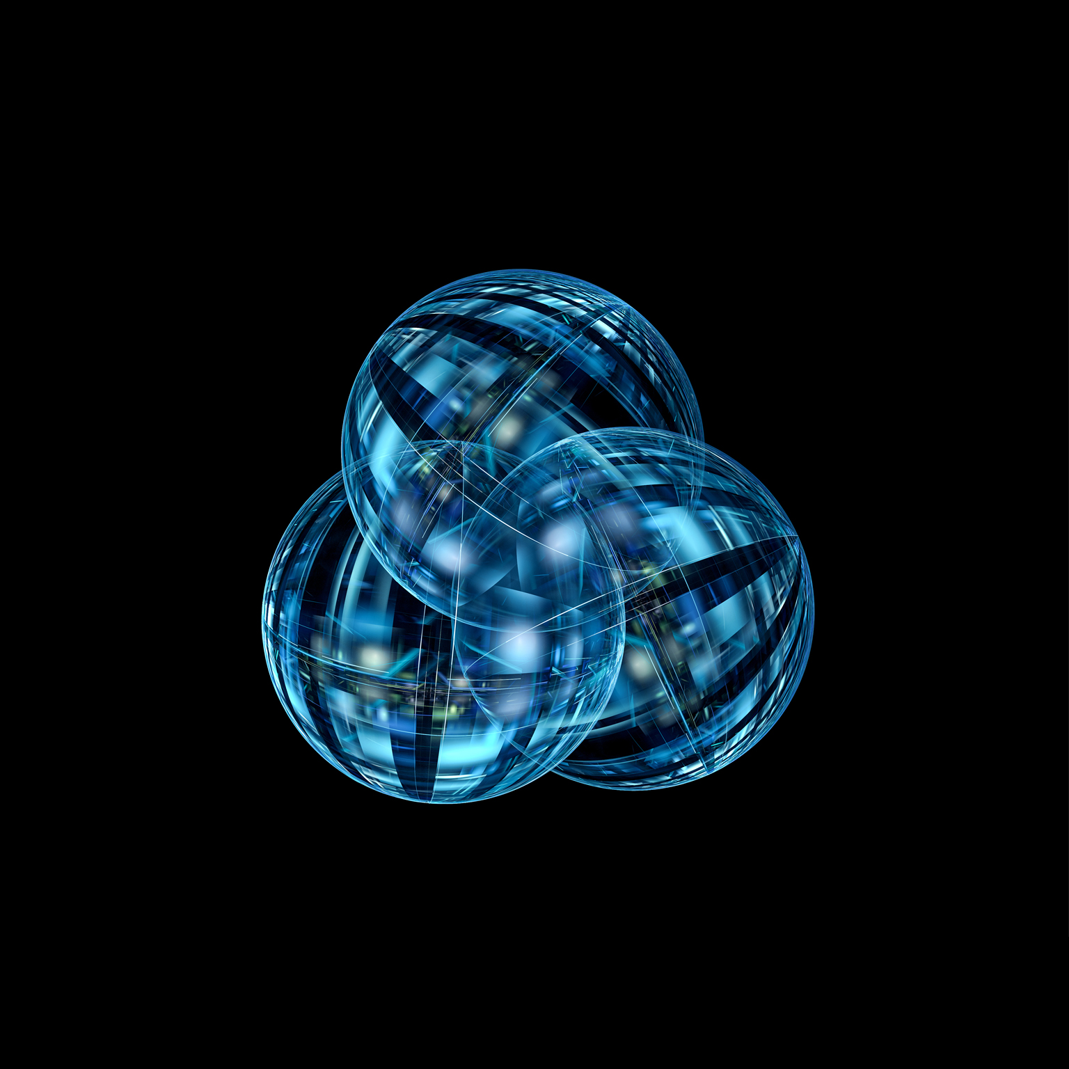 Three overlapping translucent blue spheres with intricate intersecting lines and geometric patterns appear against a black background.
