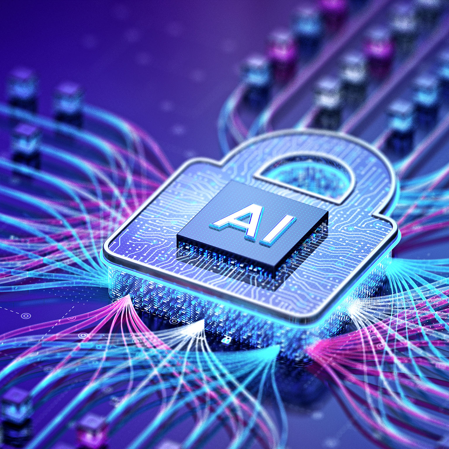 AI chip inside a padlock with data streams connecting across a digital network.
