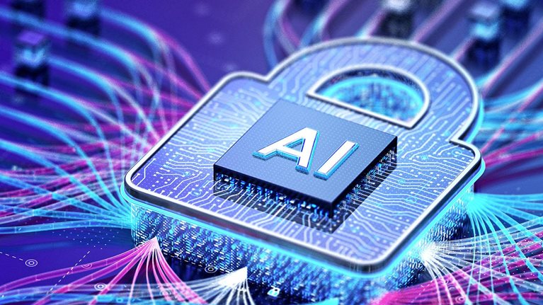 AI chip inside a padlock with data streams connecting across a digital network.