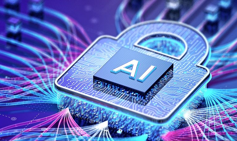 AI chip inside a padlock with data streams connecting across a digital network.