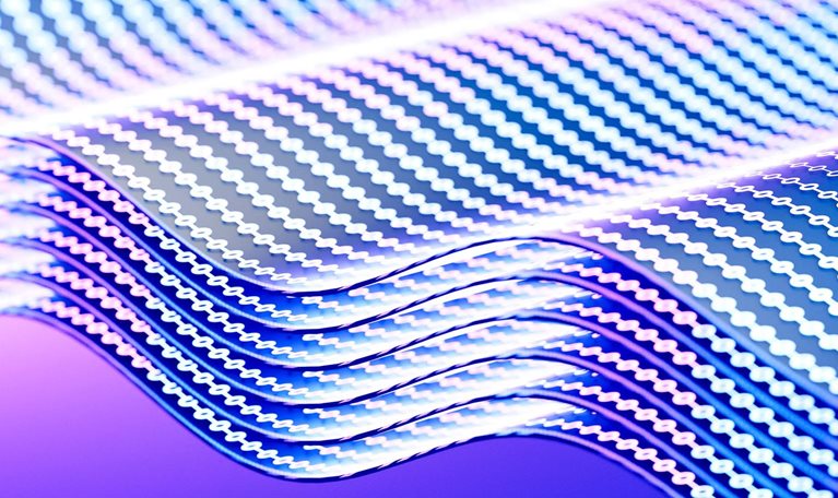 Abstract image of flowing, wave-like grid made of glowing dots in blue and purple tones.
