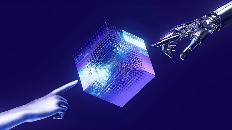 A 3D image of a digital cube with a robot hand pointing at it from one direction and a human hand from the other.
