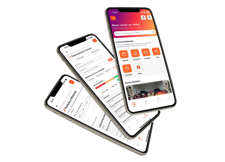 Three angled smartphone mockups displaying screens from the ArcelorMittal mobile application, including dashboard, performance metrics, and materials management features.