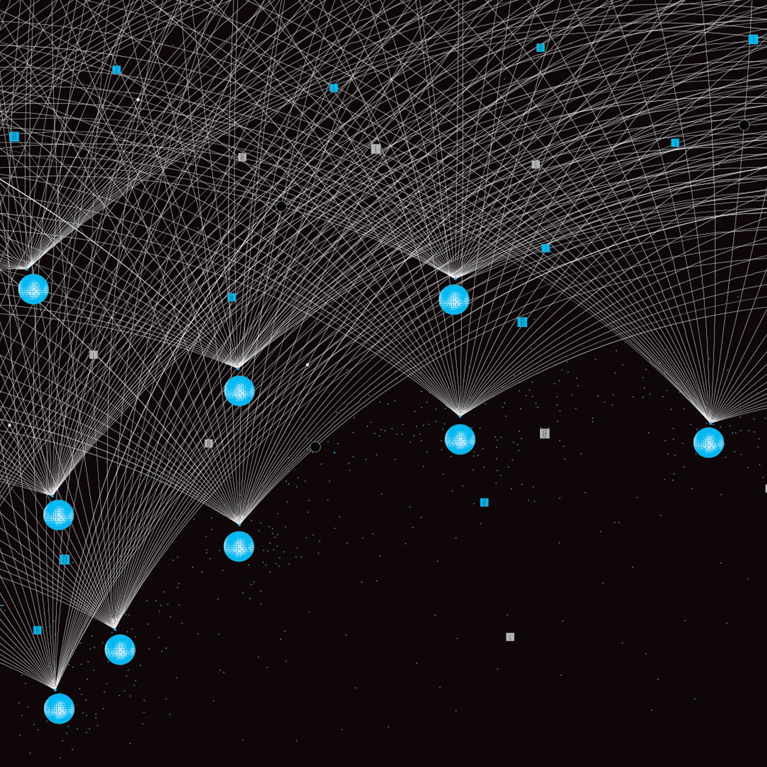 A complex network of fine white lines creating intricate, web-like patterns against a black, star-like background. Bright blue textured spheres are positioned as nodes within this digital structure, with the lines radiating from them.