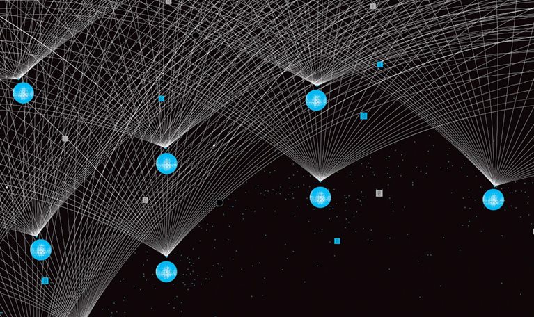 A complex network of fine white lines creating intricate, web-like patterns against a black, star-like background. Bright blue textured spheres are positioned as nodes within this digital structure, with the lines radiating from them.