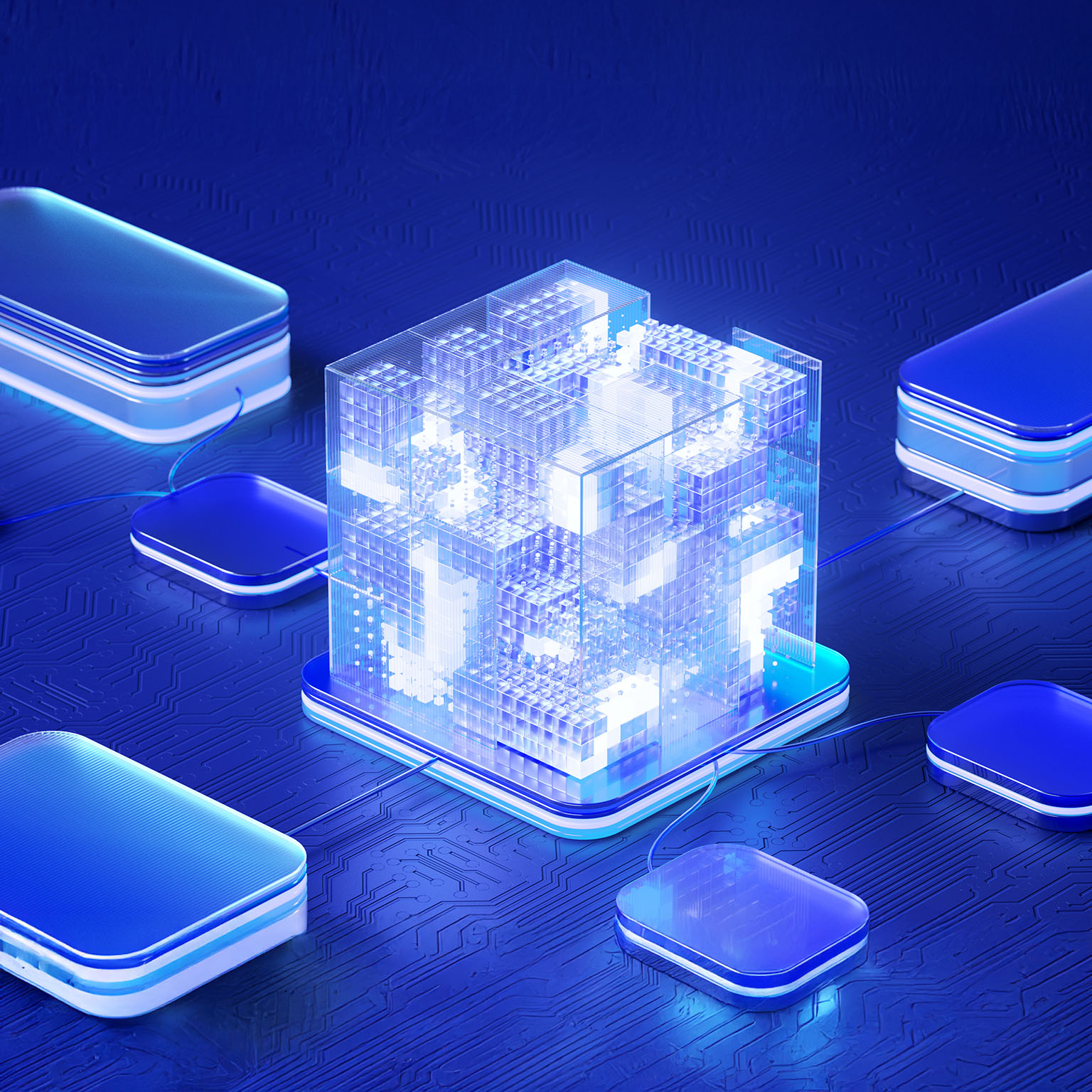 Abstract image of a glowing cube connected to multiple glowing platforms on a blue background