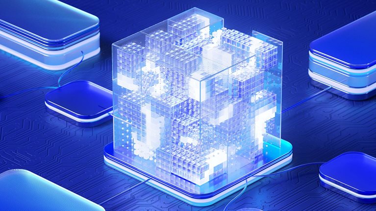 Abstract image of a glowing cube connected to multiple glowing platforms on a blue background