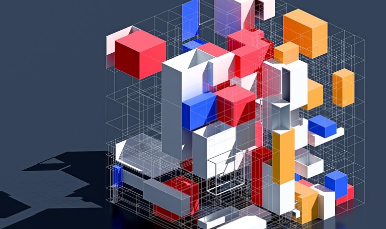 Abstract 3D composition of colorful geometric blocks arranged within a transparent wireframe cube on a dark reflective surface.