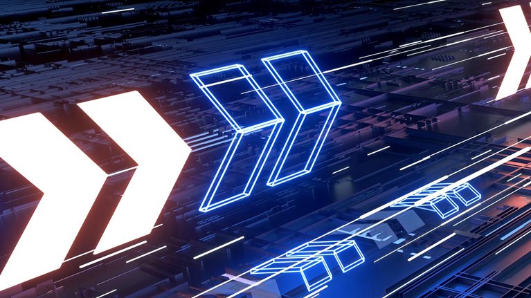 Image of neon 3D arrows streaking up and across a dark, geometric landscape.