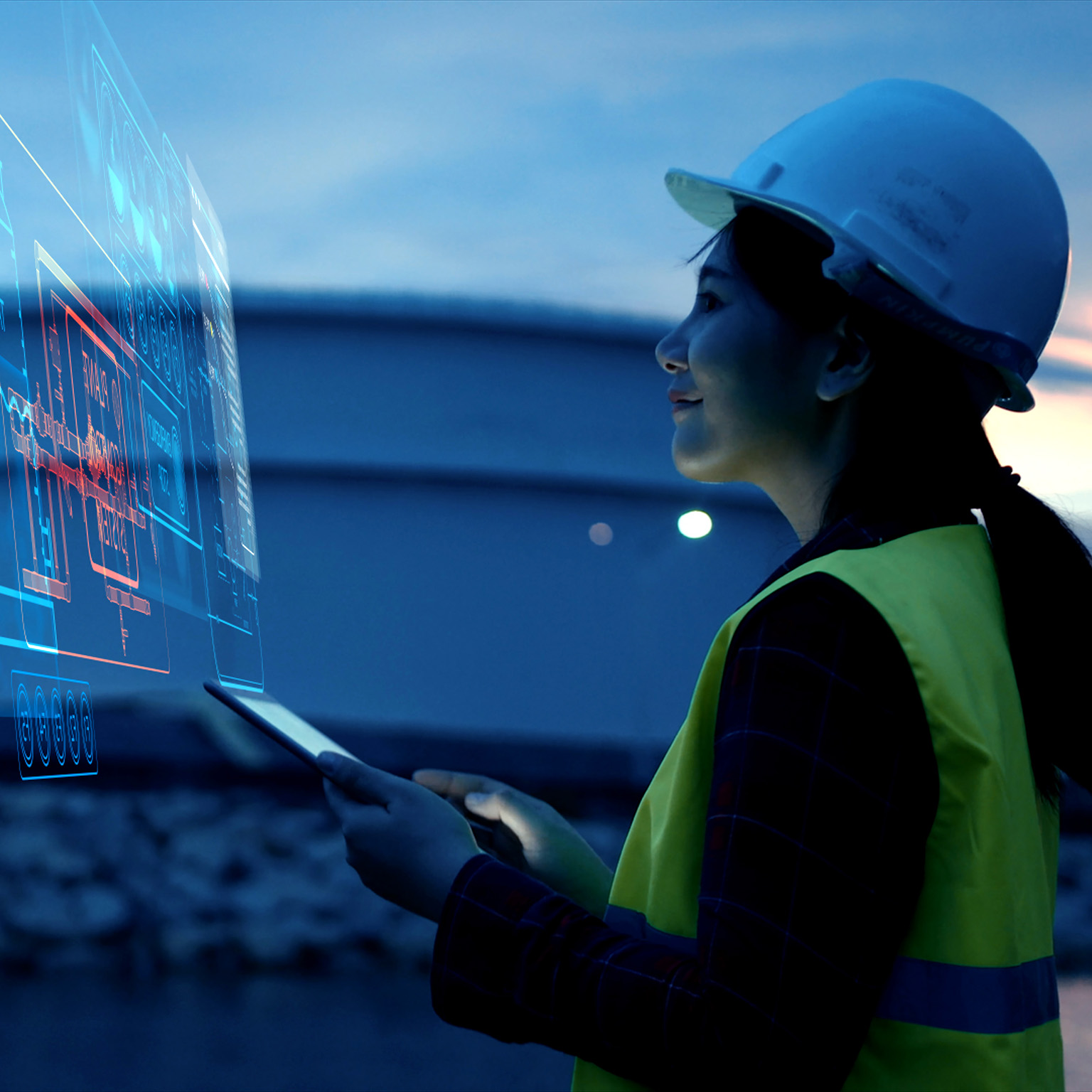 Female Engineer Using AI Digital Dashboard for Smart Factory Monitoring and Industrial Automation