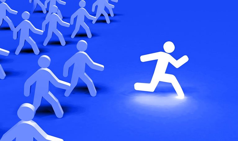 A group of stick figures walking while one sprints ahead. The figure in the lead glows with light.