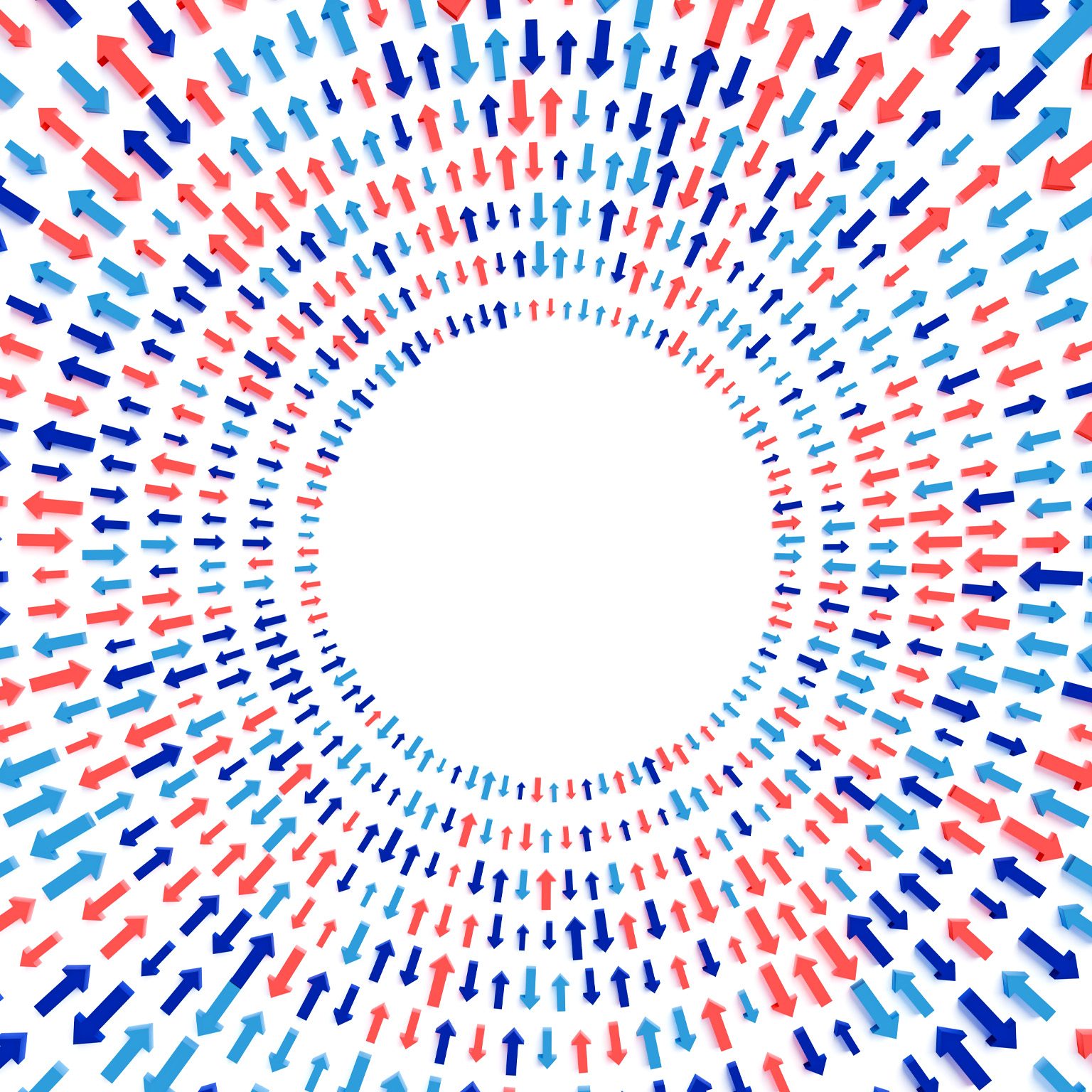 Hundreds of red and blue arrows arranged in circular patterns around a large empty space in the center. The arrows point in many different directions and sit against a light background.