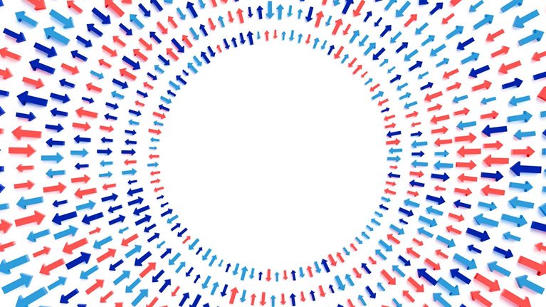 Hundreds of red and blue arrows arranged in circular patterns around a large empty space in the center. The arrows point in many different directions and sit against a light background.