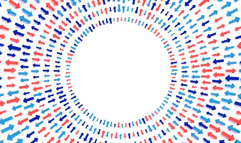Hundreds of red and blue arrows arranged in circular patterns around a large empty space in the center. The arrows point in many different directions and sit against a light background.