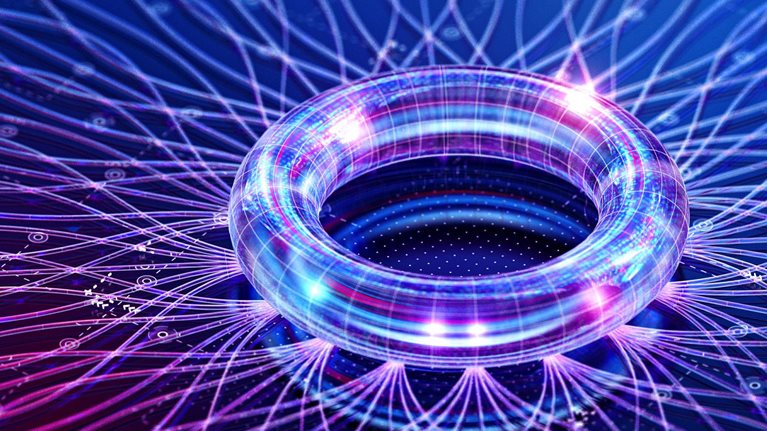 A futuristic abstract digital composition of a glowing translucent ring surrounded by radiating blue, cyan, and magenta network lines.