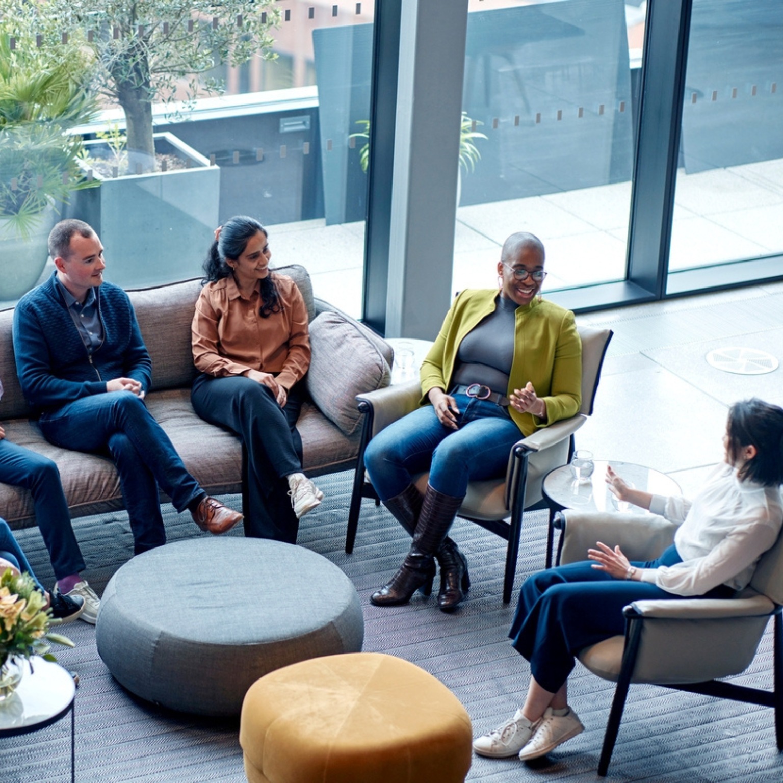 A group of people sitting together.