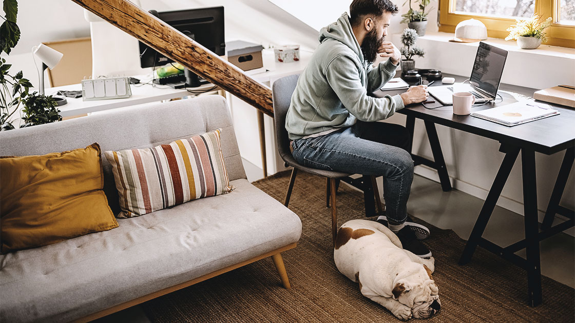 A photo of a person sitting at a desk with a laptop, and a bulldog sleeping on the floor
