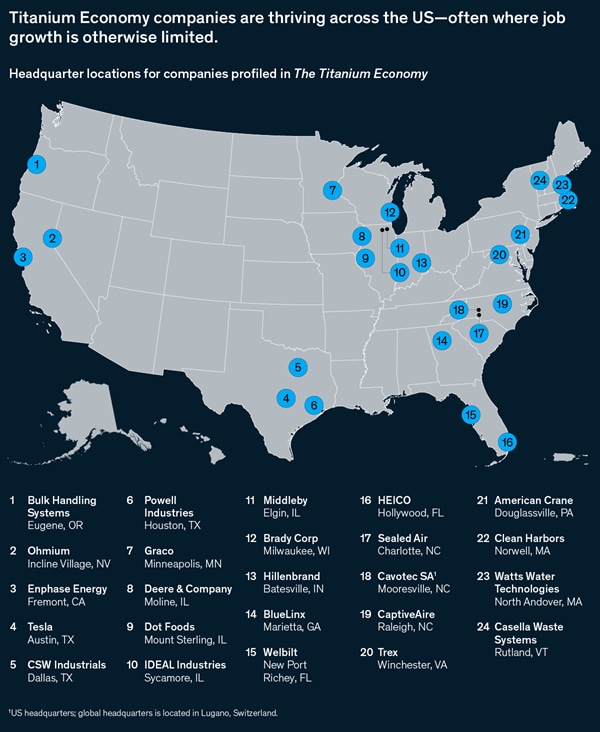 Map of the United States showing where titanium economy companies are thriving