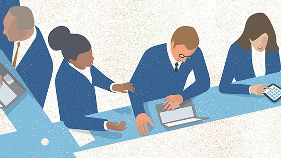 Illustration of several workers using electronic devices