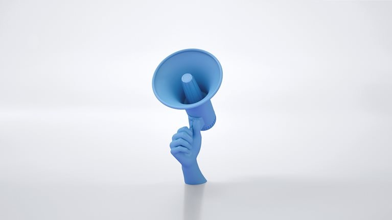 Image of a blue hand holding a blue megaphone on a white background