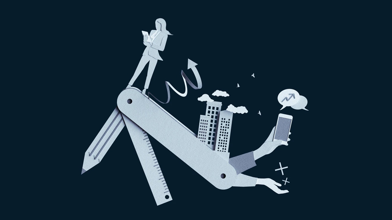 Digital illustration of a swiss army knife with various design elements as the tools