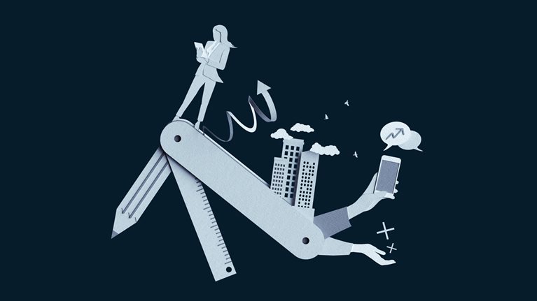 Digital illustration of a swiss army knife with various design elements as the tools