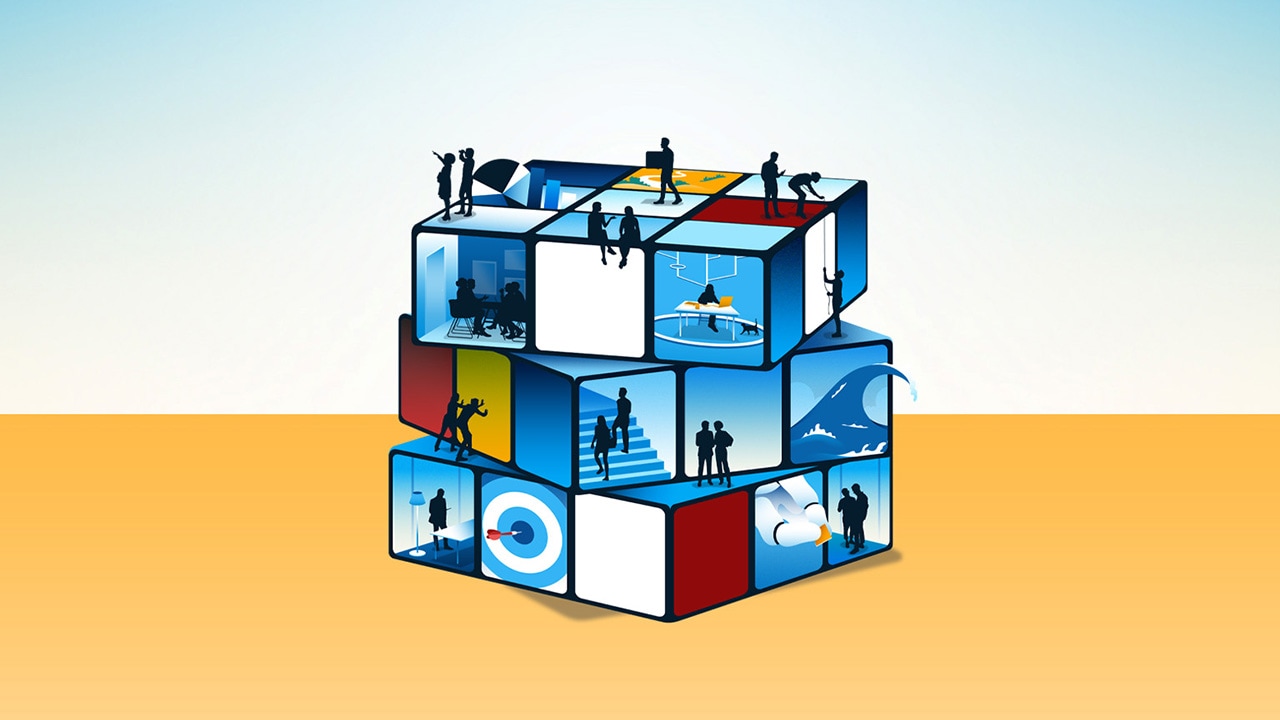  Illustration of a Rubik’s cube as an office with people in the cubes.