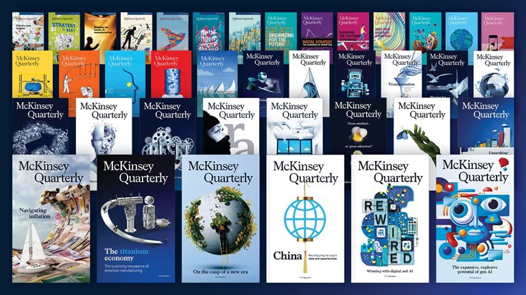 Image of a collection of various covers of the McKinsey Quarterly magazine across several years, through the present