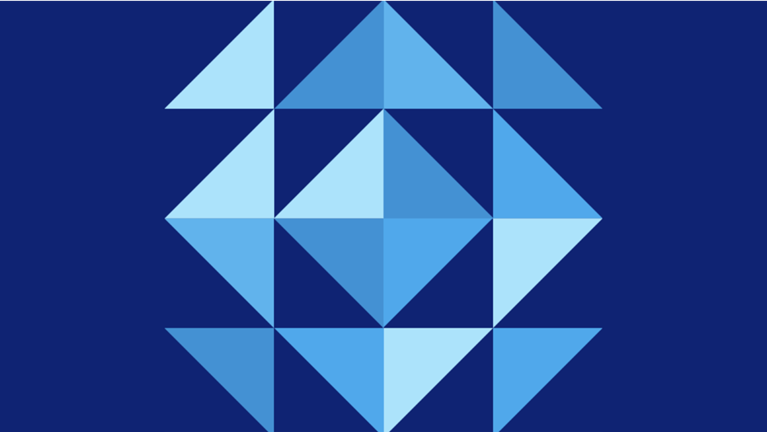 Image of various dark blue and light blue shapes, including a large circle and multiple triangles, on a square background