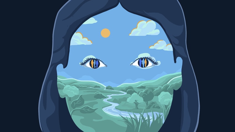 Image of a woman’s face, with a nature scene superimposed on it, showing clouds and a sun on her forehead and greenery below them