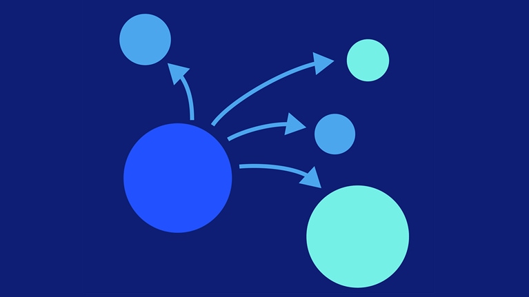 Vector image of five circles of various sizes in gradations of blue and mint green on a dark blue background, with four arrows emerging from the center circle and pointing to each of the smaller circles.