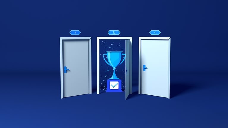 Illustration of three doors opening and closing, with a trophy and confetti behind the center door