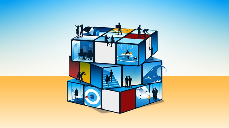 Image of a Rubik’s cube with each of the three tiers rotated, and inset images of working professionals engaged in activities on most squares