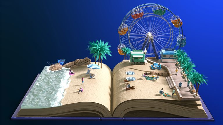 Image of an amusement park scene with several attendees at the base of a large Ferris wheel, reading books while walking or sitting down