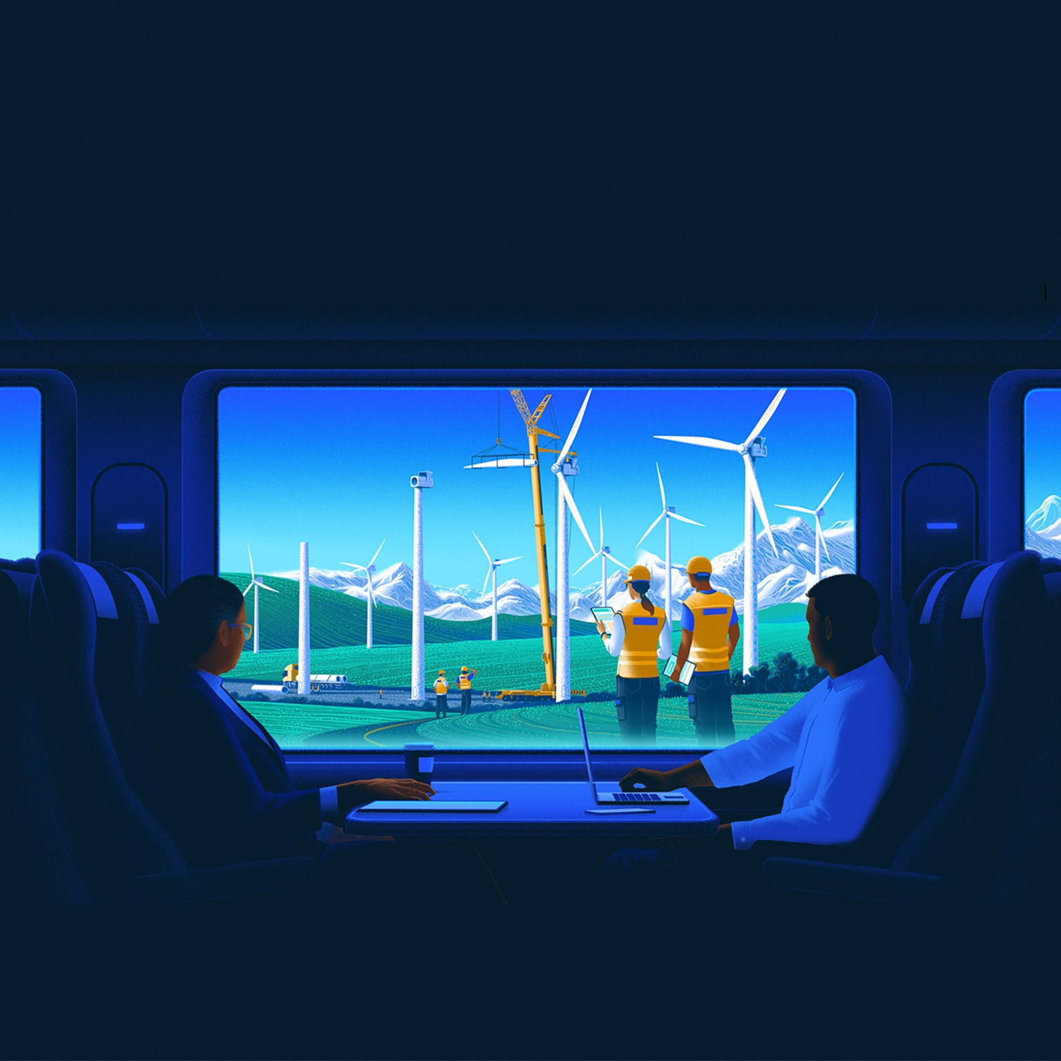 Two business people looking out the window of a train. In the window, a team of people is building a wind farm.