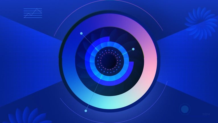 A vibrant blue abstract design featuring a central circular element with geometric patterns, surrounded by lines, stylized flowers, and subtle grid patterns