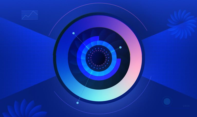 A vibrant blue abstract design featuring a central circular element with geometric patterns, surrounded by lines, stylized flowers, and subtle grid patterns