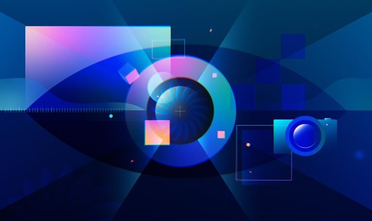 A stylized eye, resembling a camera lens, against a dark blue backdrop, surrounded by geometric shapes and hints of light, embodying the concept of imagery.