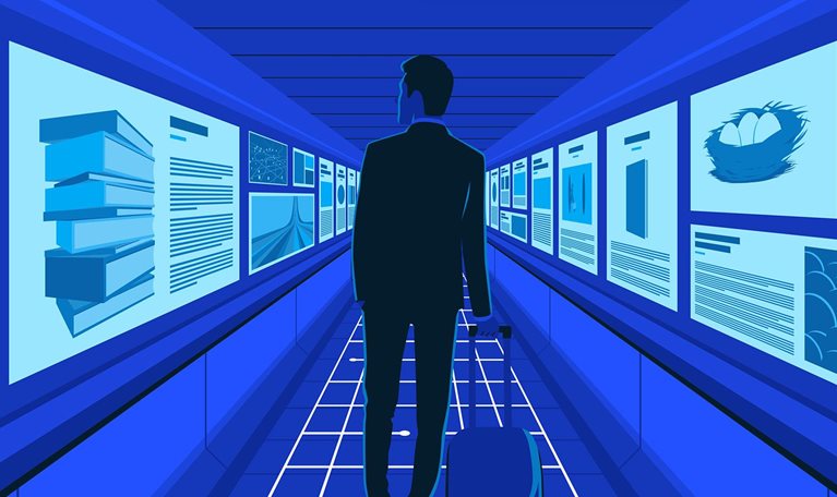 A minimalist illustration of a person with a suitcase on a moving airport walkway lined with glowing digital screens.