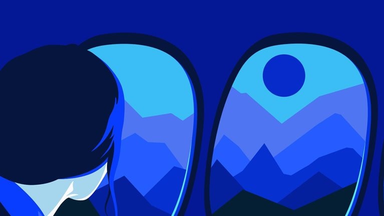 A minimalist animation of a woman on an airplane looking out the window at blue layered mountains