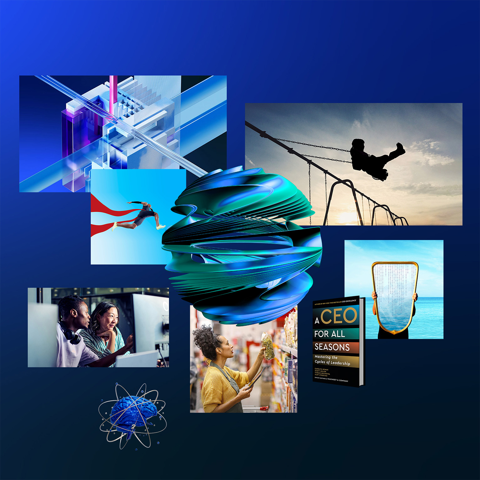 A collage of images tied to the year's themes overlap the article's headline. A mixture of people, conceptual 3D illustrations, and book covers.