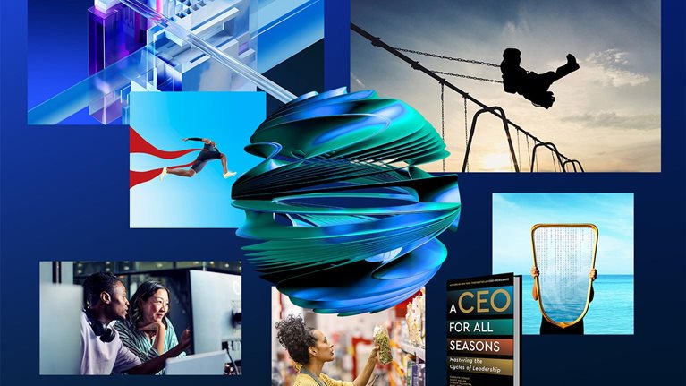 A collage of images tied to the year's themes overlap the article's headline. A mixture of people, conceptual 3D illustrations, and book covers.