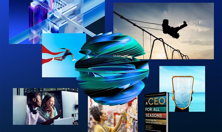 A collage of images tied to the year's themes overlap the article's headline. A mixture of people, conceptual 3D illustrations, and book covers.