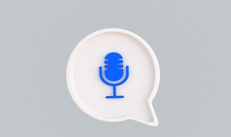 A white speech-bubble containing a bright blue microphone icon centered inside it appears and the screen and bobs up and down.