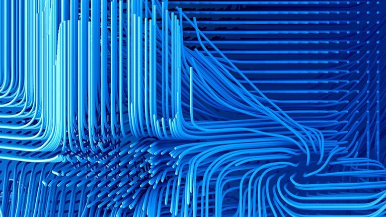 Blue geometric lines representing technological speed.